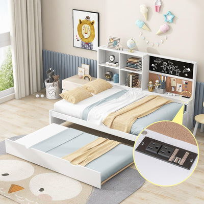 Full Size Daybed with Storage Shelves, Blackboard, Cork board, USB Ports and Twin Size Trundle White
