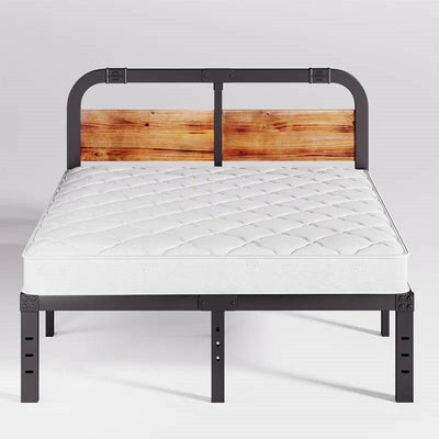 California King Heavy Duty Black Metal Bed Frame with Wood Panel Headboard