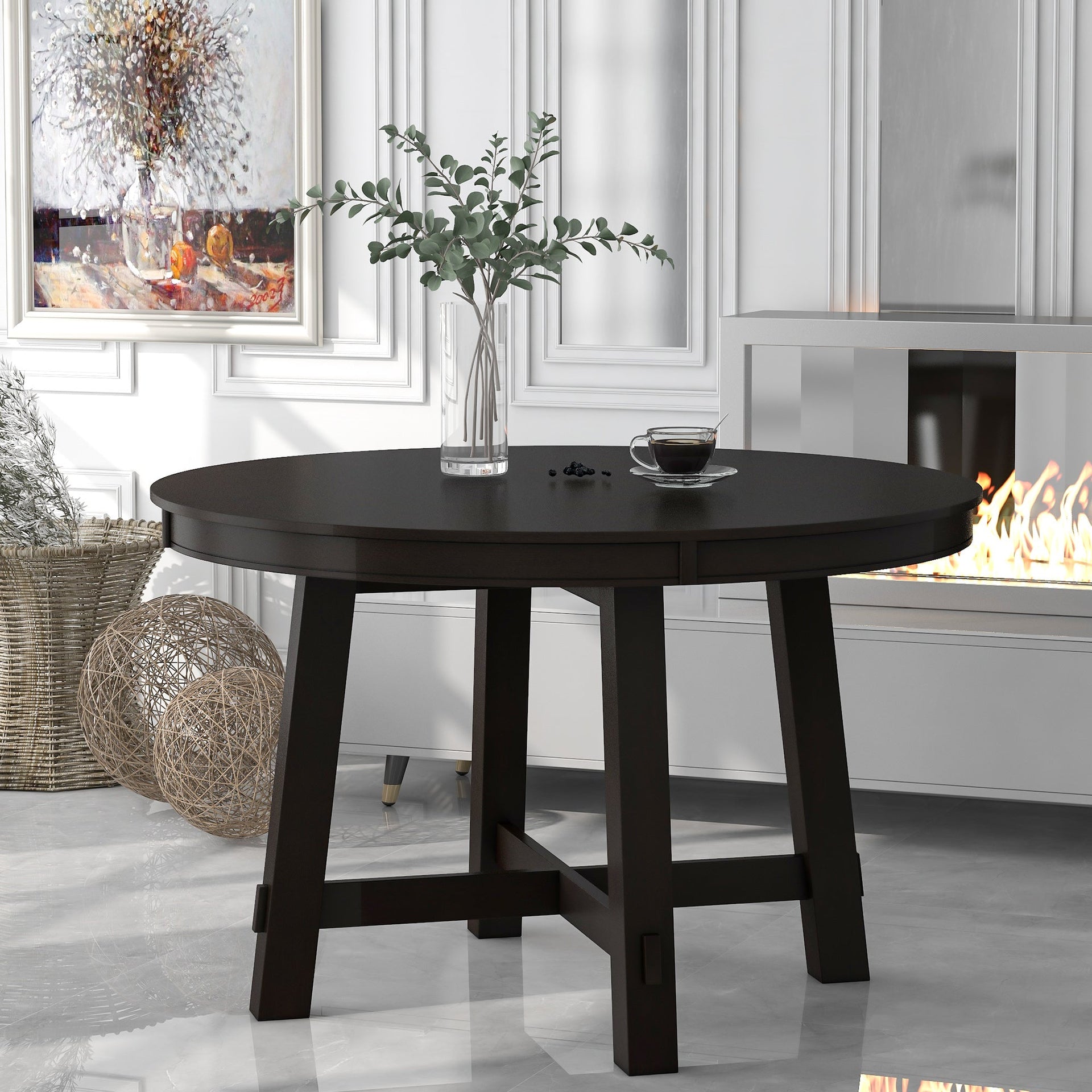 TREXM Farmhouse Round Extendable Dining Table with 16