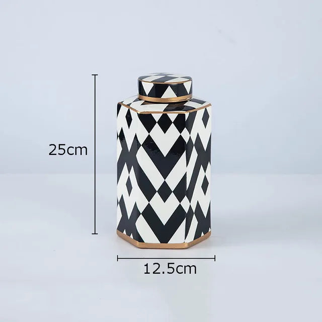 Geometric Black and White Striped Storage Jar Household Ceramic Candy Sealed Jar Vase Sundries Container Home Decoration