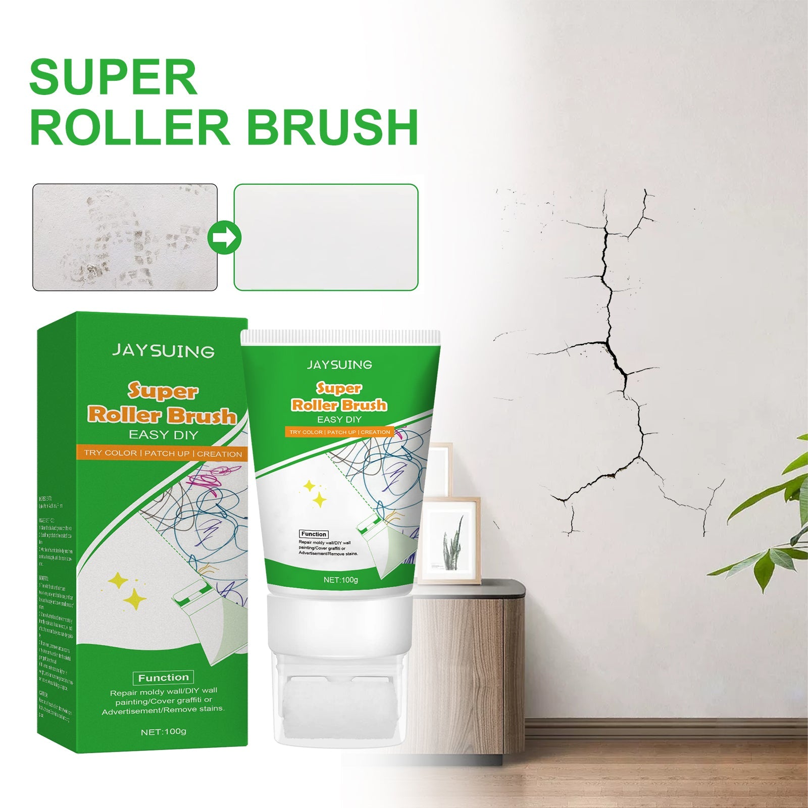 Wall Repair Paint: White Wall Repair Roller Brush Moisture-Proof Peeling Cover Stains And Cracks Renovation Paint