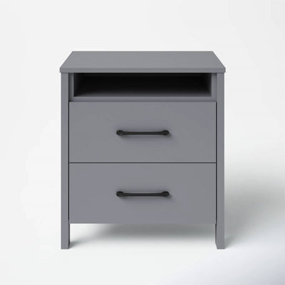 Modern 2-Drawer Bedside Table Nightstand with Open Shelf in Grey Wood Finish