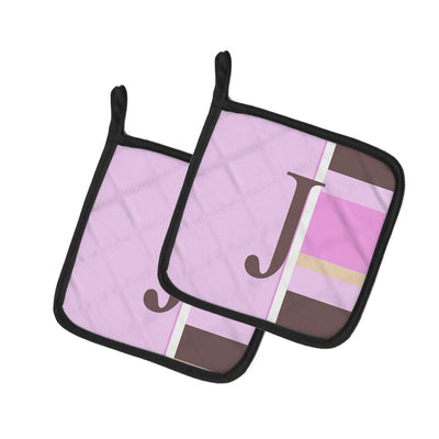 Letter J Initial Monogram - Pink Stripes Pot Holder Set of 2 Heat Resistant Quilted Hot Pads 7.5 x 7.5 Inch, Insulated Kitchen Trivets for Cooking & Baking