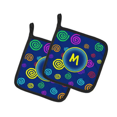 Letter M Initial Monogram - Blue Swirls Pot Holder Set of 2 Heat Resistant Quilted Hot Pads 7.5 x 7.5 Inch, Insulated Kitchen Trivets for Cooking & Baking