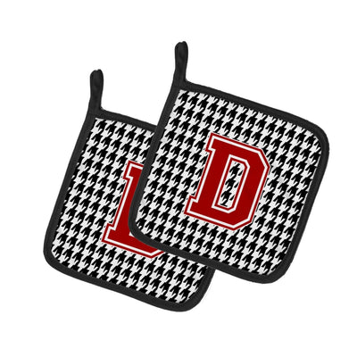 Letter D Monogram - Houndstooth Black Pot Holder Set of 2 Heat Resistant Quilted Hot Pads 7.5 x 7.5 Inch, Insulated Kitchen Trivets for Cooking & Baking