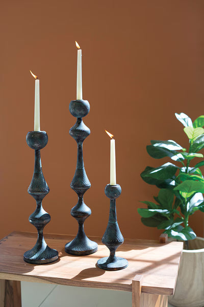 SET OF THREE PATINA METAL CANDLE TOWERS - KALALOU