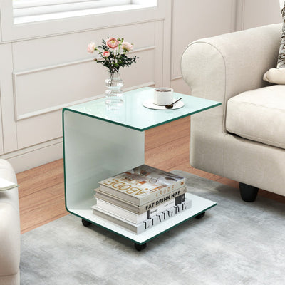 C-Shaped End Table Modern Tempered Glass Side Table with Shelf-White