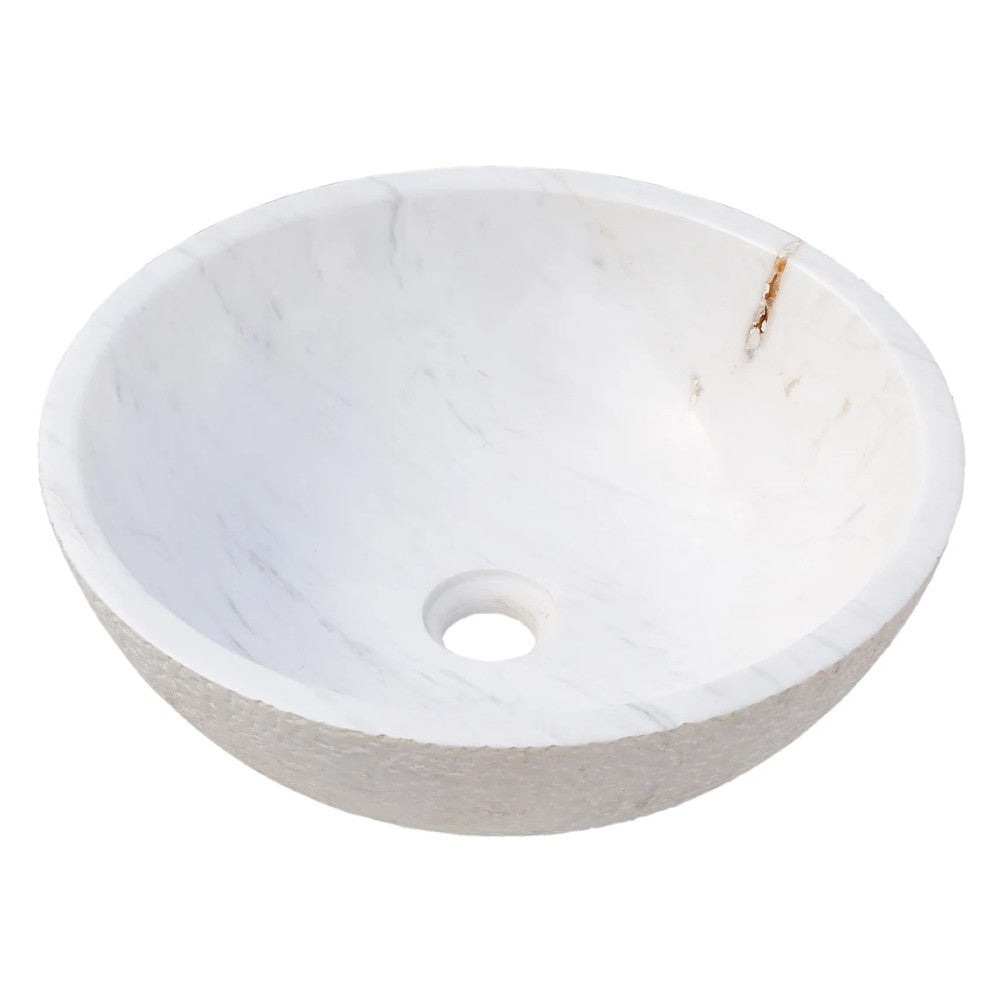 Calacatta White Marble Vessel Sink Bowl Polished Interior and Rough Exterior (D)16