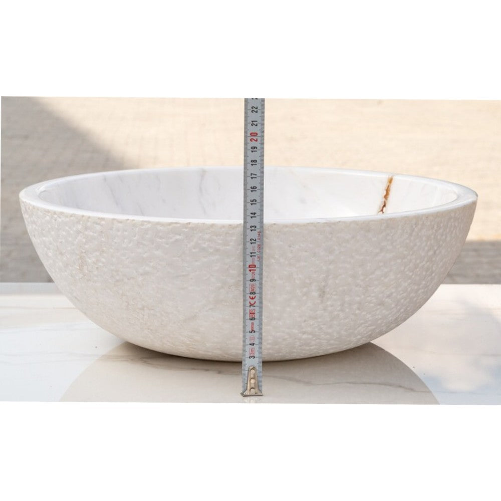 Calacatta White Marble Vessel Sink Bowl Polished Interior and Rough Exterior (D)16