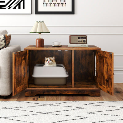Cat Litter Box Enclosure Furniture Indoor Wooden Cat House End Side Table Nightstand-Brown