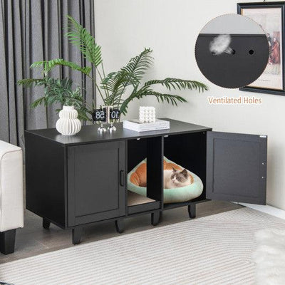 Patented 2-Door Cat Litter Box Enclosure with Winding Entry and Scratching Board-Black