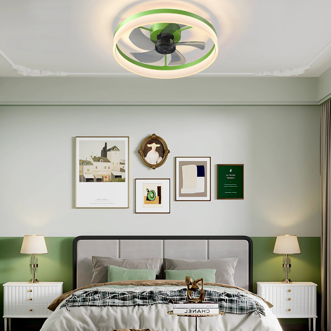 Ceiling fan with light fixture in a bedroom setting
