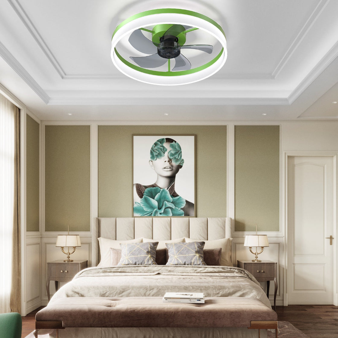 Ceiling fan in a bedroom with a bed, nightstands, and wall art.
