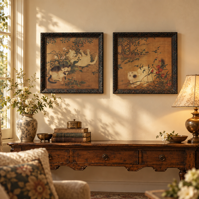 Vintage Style Cat Botanical Framed Wall Art