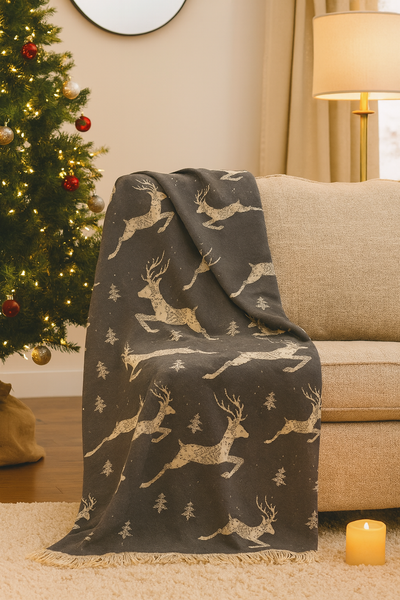 Christmas Reindeer Snowflake Turkish Cotton Throw Blanket 56×72 – Soft Organic Holiday Decor Gift