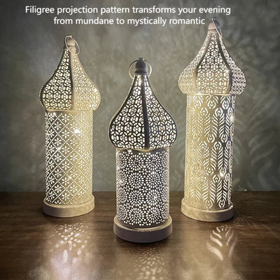 Christmas Decoration LED Illuminated Wind Lantern Iron Art Ornament, New Moroccan White Iron Hollow Lantern, Perfect Christmas Gift,, Battery Operated, Home Bedroom Living Room Indoor Decor, Batteries Not Included