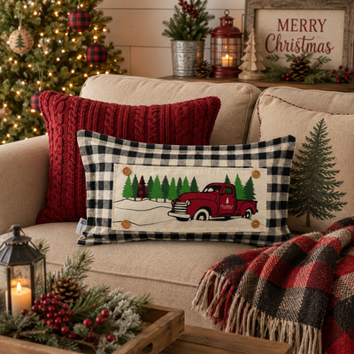 PANEL ONLY: RECTANGLE Holiday Panel: Winter, Trees, Father's Day Dad Vintage; Christmas Red Buffalo PLAID TREE TRUCK