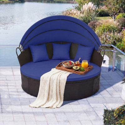 Clamshell Patio Round Daybed Wicker with Retractable Canopy and Pillows-Navy