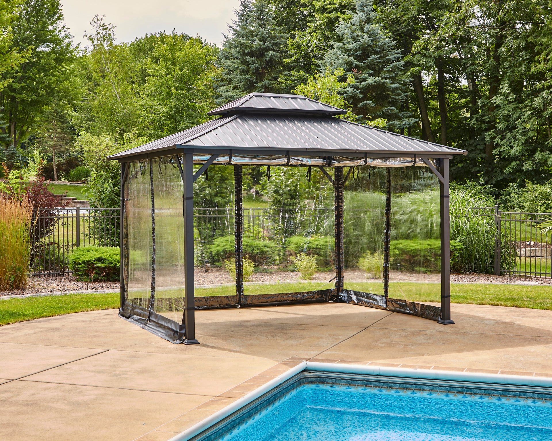 Shade N' Shelters 12' x 14' Duncan Hardtop Gazebo - Clear View Siding with Hooks