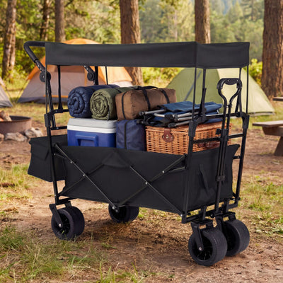 Collapsible Wagon with Removable Canopy and Adjustable Handles-Black