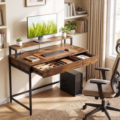 Compact Office Desk with Removable Monitor Shelf and Dual-use Drawer-Rustic Brown