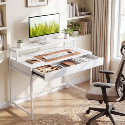 Compact Office Desk with Removable Monitor Shelf and Dual-use Drawer-White