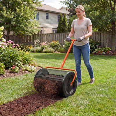 Compost Spreader 24 Inch Peat Moss Spreader Roller with Height-adjustable T-shape Handle-Orange
