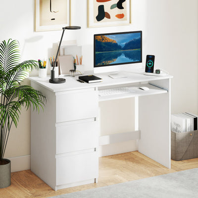 Computer Desk with Power Outlet Keyboard Tray and 3 Large Drawers-White