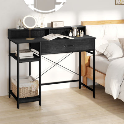 Computer Desk with Power Outlets 42inch Writing Desk with Hutch Drawer and 2 Open Shelves-Black