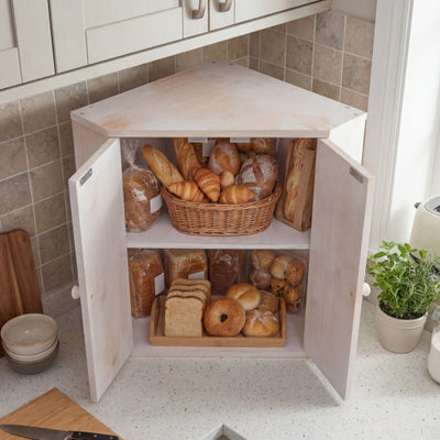 Corner Bread Box for Kitchen Counter Bamboo Double Layer Breadbox Organizer-White