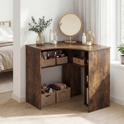 Corner Computer Desk Triangle Home Office Desk with Adjustable Shelf and Arc-Shaped Profile-Rustic Brown