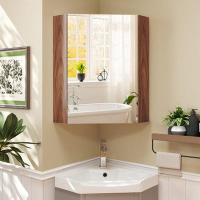 Corner Medicine Cabinet with Mirror with Open Mirror Door and Adjustable Shelf-Brown