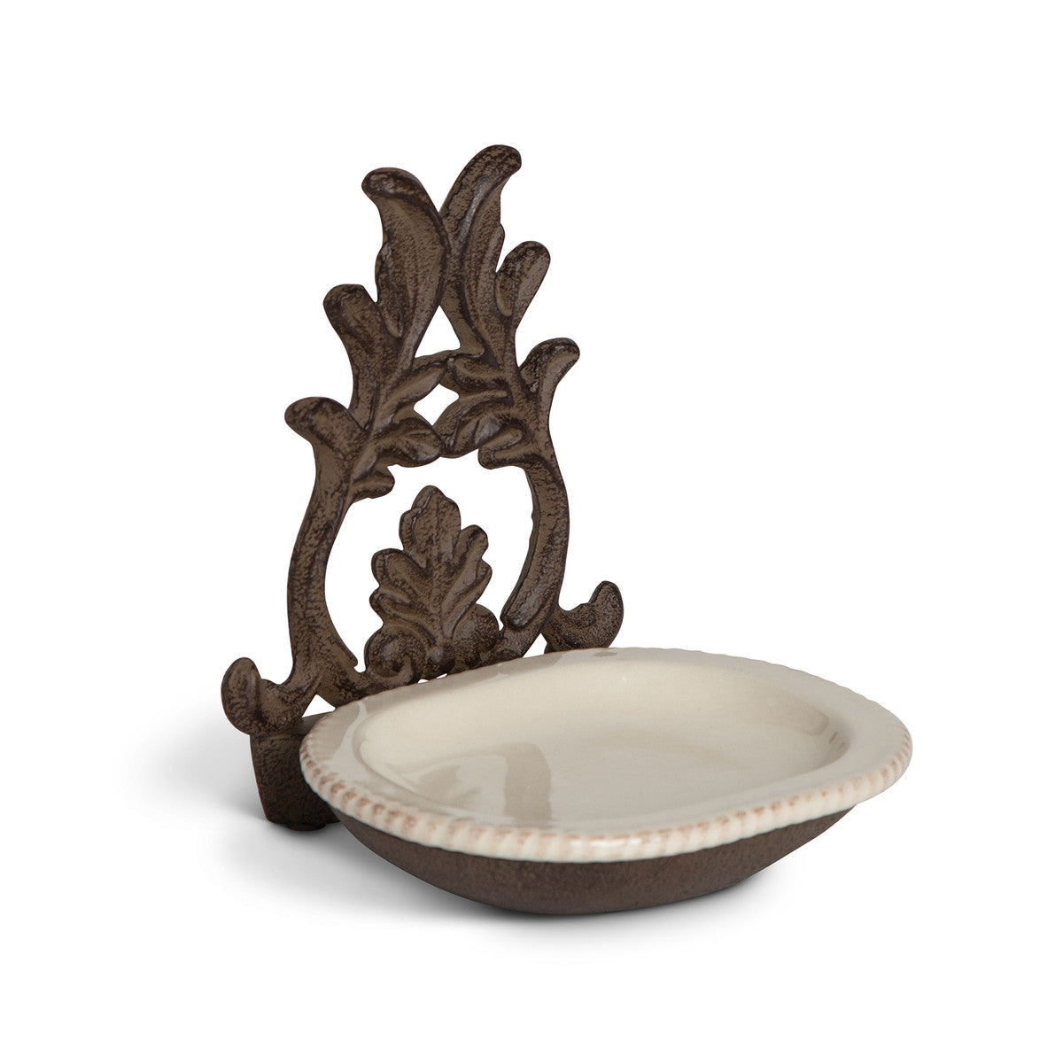 Cream Stoneware Spoon-Soap Rest with Metal Acanthus Leaf Stand
