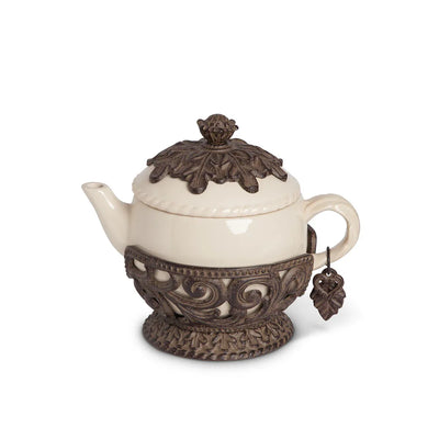 Cream Stoneware Teapot with Metal Acanthus Leaf Holder. -- Size: 9.5