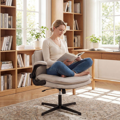 Criss Cross Chair with Flip-up Arms Ergonomic Office Desk Chair with Adjustable Height Wide Backrest Padded Seat-Beige