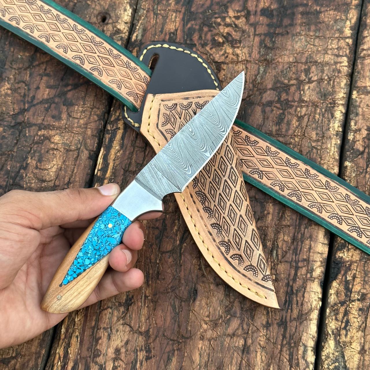 Damascus Skinner Knife with Handtooled Sheath & Belt
