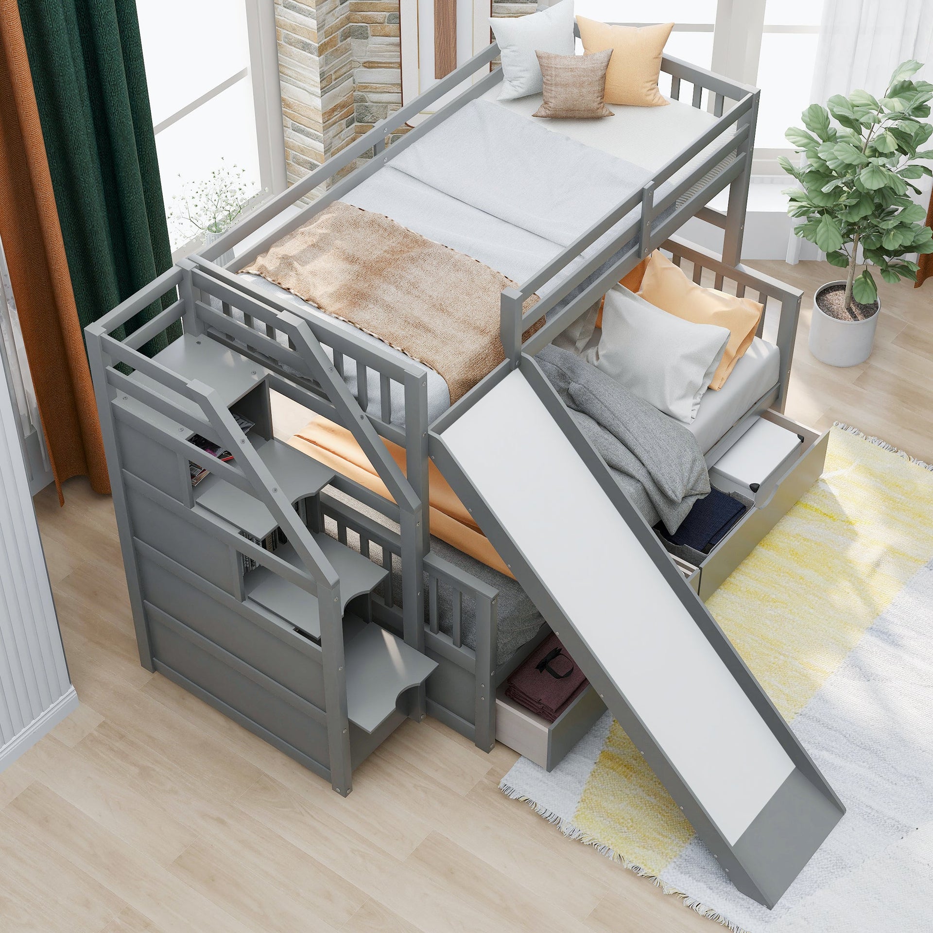Twin over Full Bunk Bed with Drawers Storage and Slide Multifunction Gray