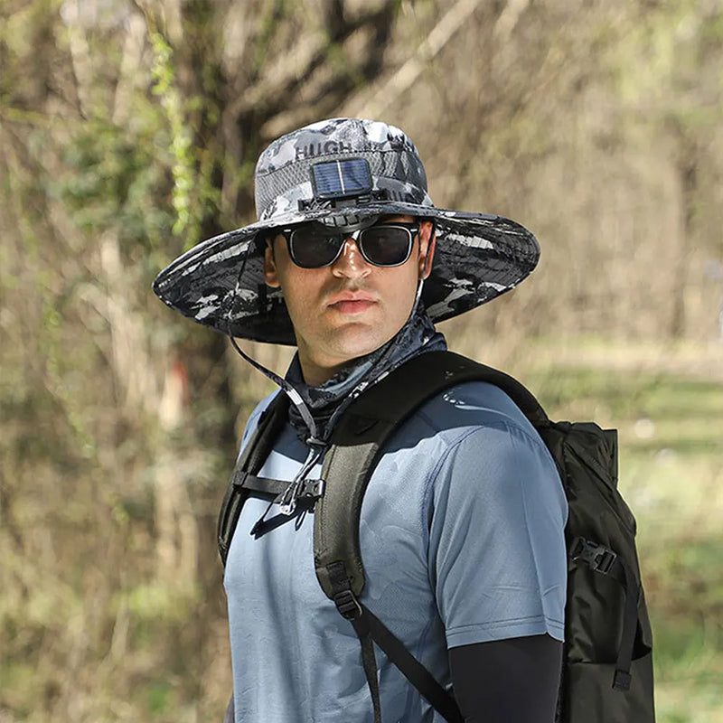 Solar fan hat: wide - brim bucket hat with 2 solar fans, men’s summer cap for outdoor fishing, camping, hiking.