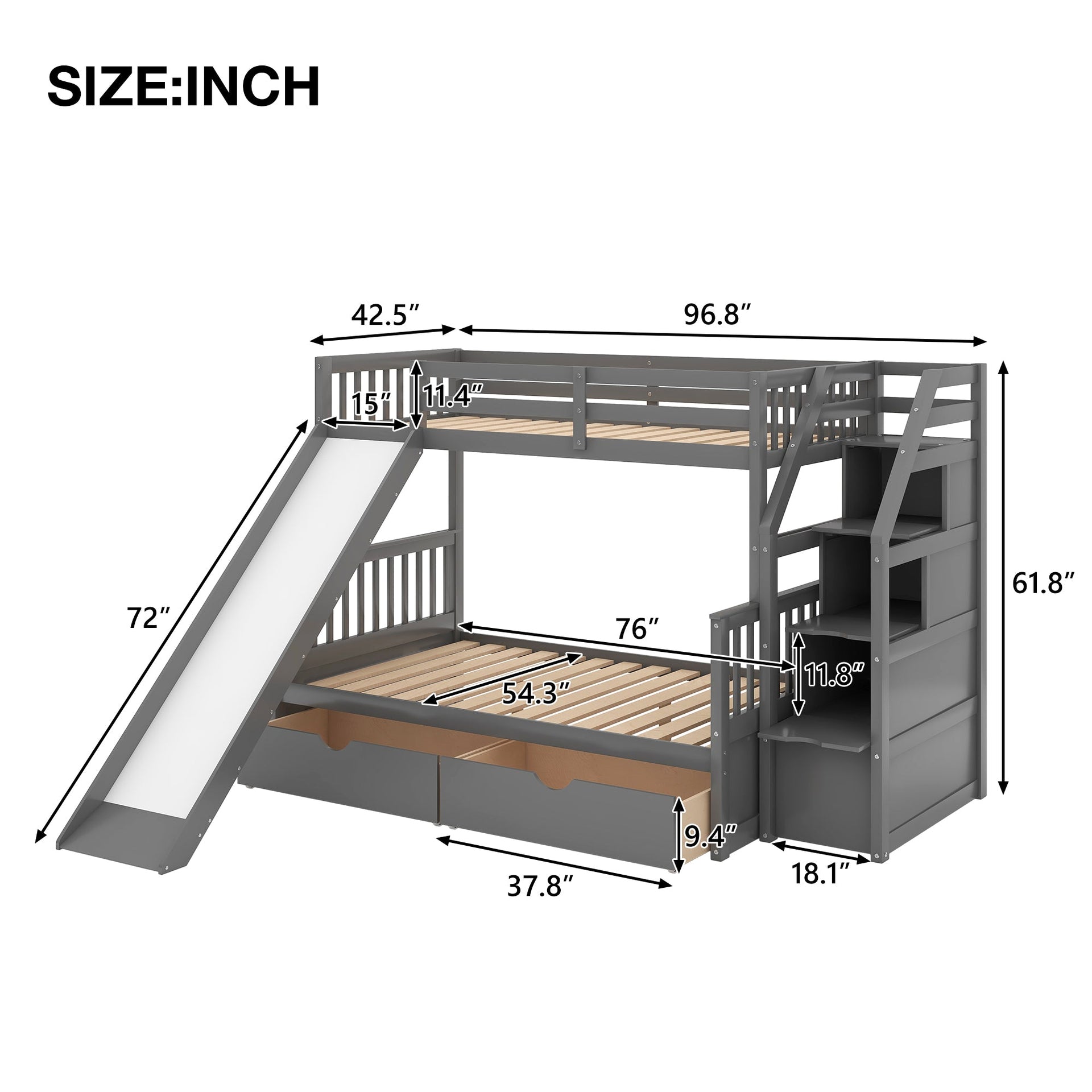 Twin over Full Bunk Bed with Drawers Storage and Slide Multifunction Gray