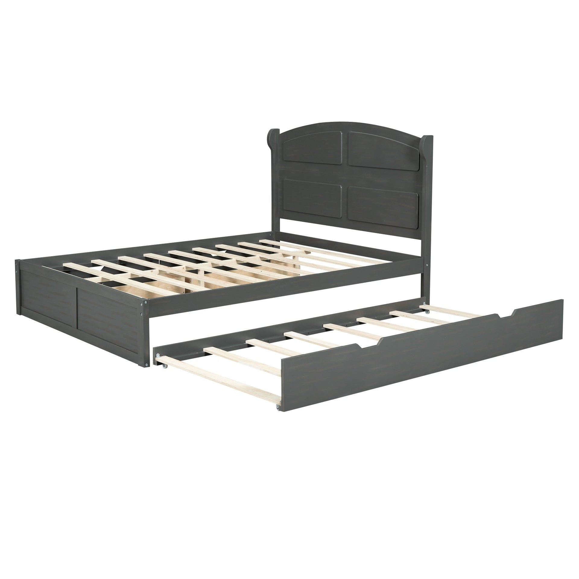 Wood Queen Size Platform Bed with Twin Size Trundle and 2 Drawers Antique Gray