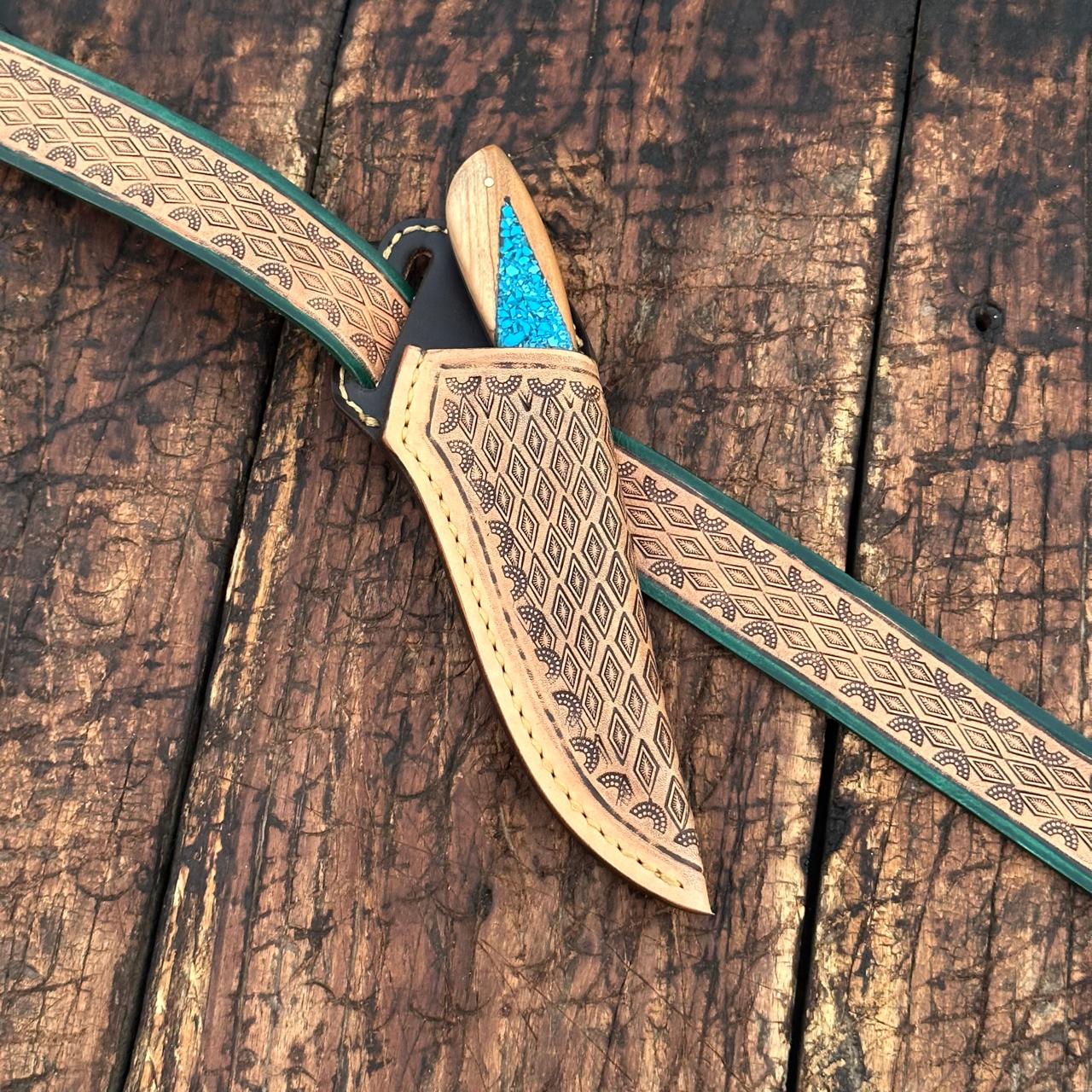 Damascus Skinner Knife with Handtooled Sheath & Belt