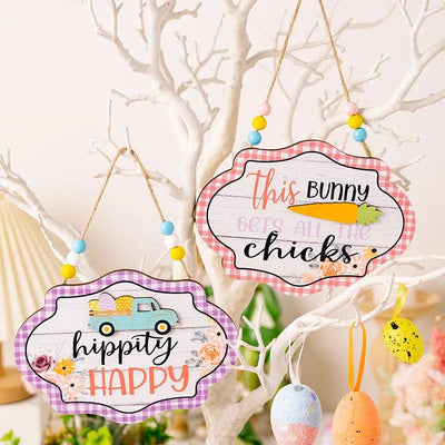 Easter decoration items grid edge letter bead string wooden pendant colorful wooden door number pendant