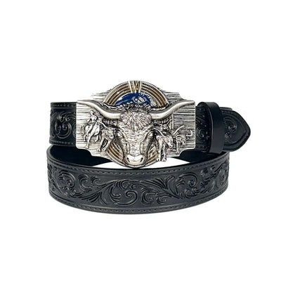 TOPACC Black Genuine Leather Belt-Longhorn Cow Belt Buckle Horseback Riding Copper/Bronze