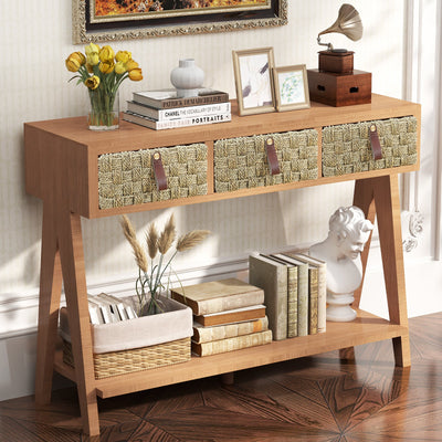 Medieval modern console table with entrance storage space, multifunctional entrance table with 3 drawers, open storage rack