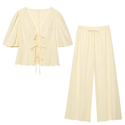 Elegant Solid Color Bubble Sleeve Blouse and Long Pants Style Fashion Casual Loose Fit