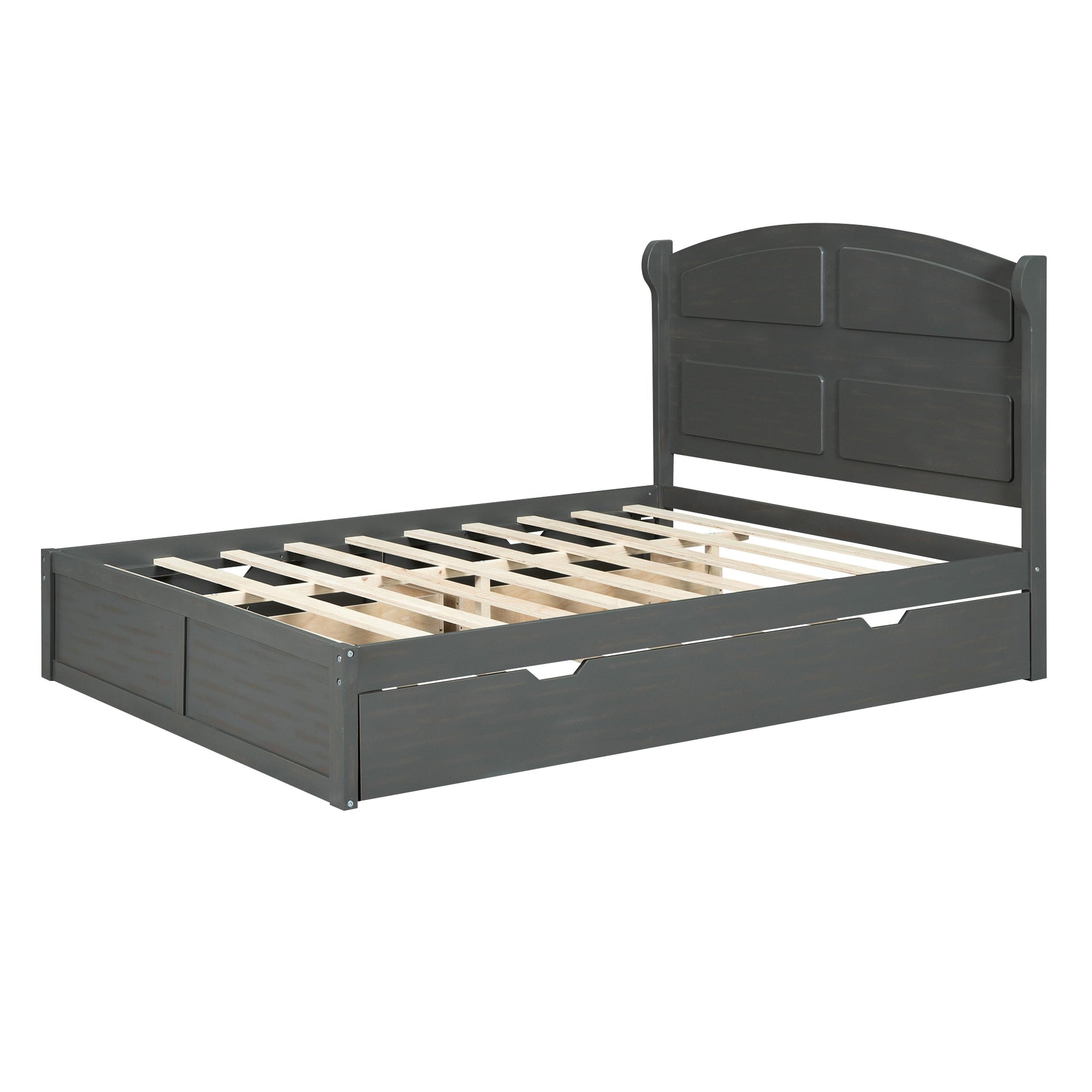 Wood Queen Size Platform Bed with Twin Size Trundle and 2 Drawers Antique Gray