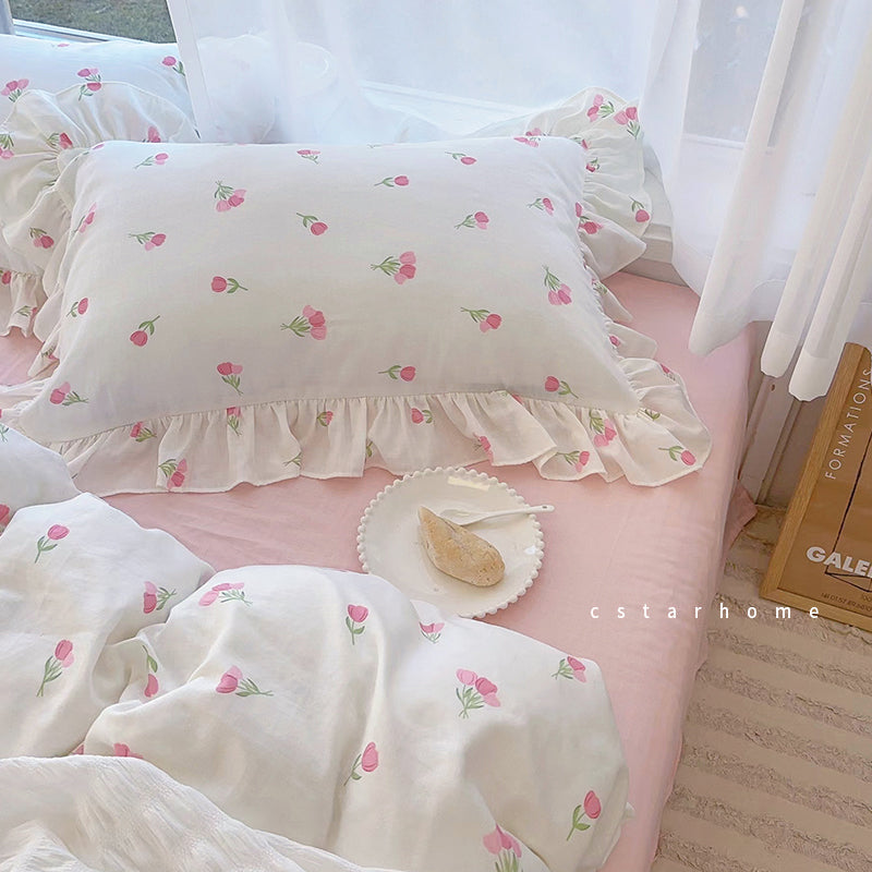 Pink tulip floral single person pure cotton pillowcase 48 * 74cm pillow core cover made of all cotton