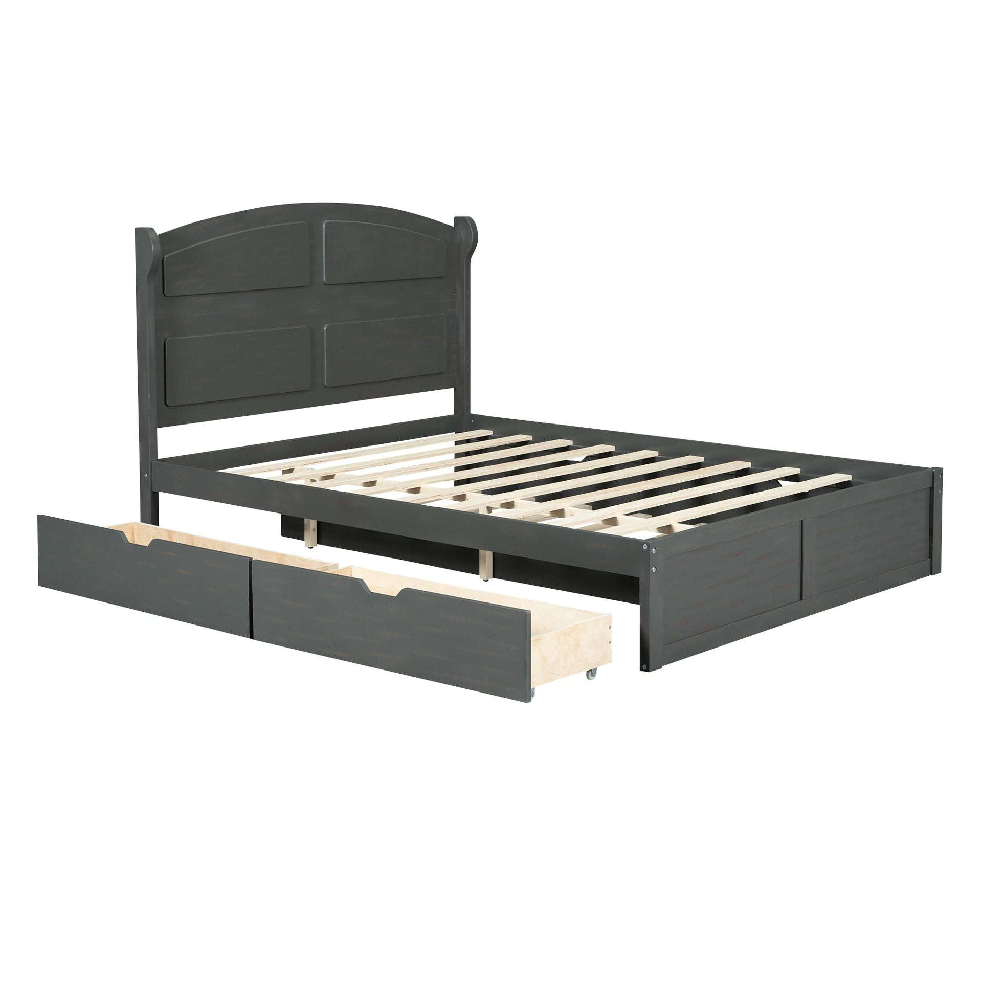Wood Queen Size Platform Bed with Twin Size Trundle and 2 Drawers Antique Gray