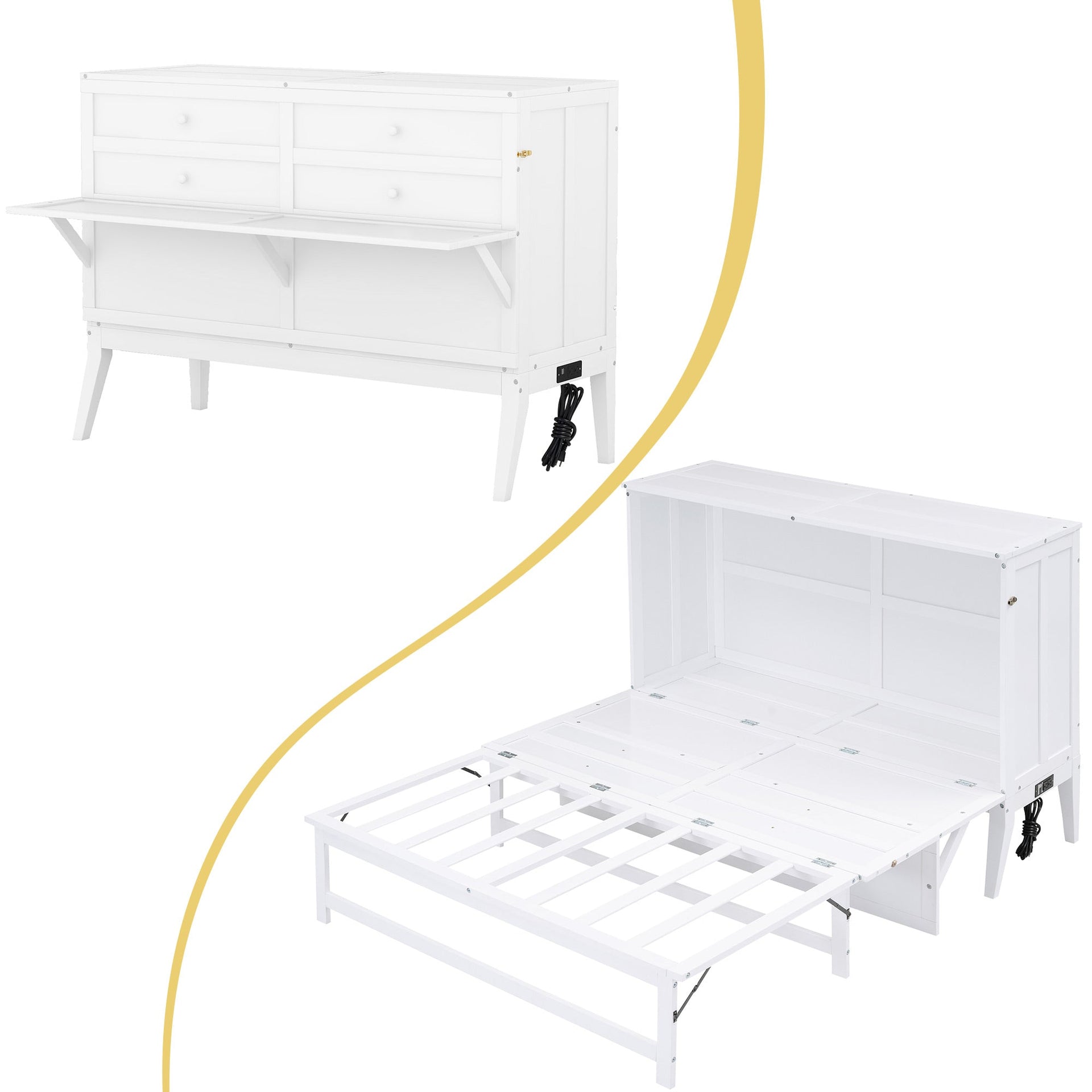 Queen Size Murphy Bed with Built-In Charging Station and a Shelf White