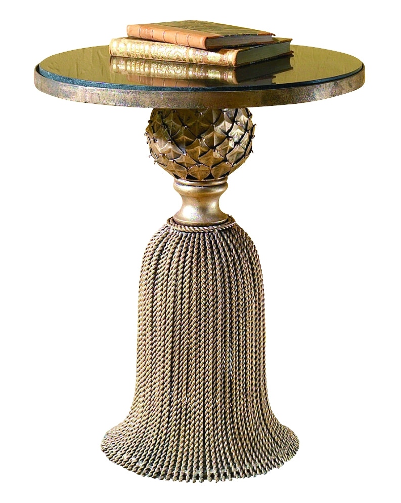 Antique Gold Twisted Iron Tassel Table with Black Granite Top